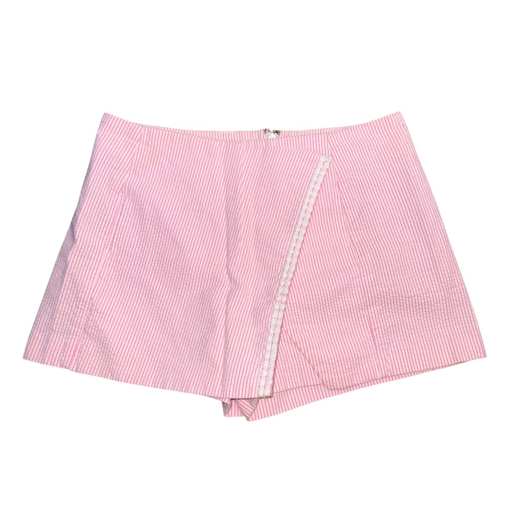 Lilly Pulitzer Skort Womens 0 Pink Seersucker Excellent Lace Trim Wrap Front